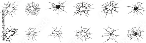 Cracked glass impact collection with realistic shattered holes and spiderweb fractures. High contrast black crack shapes isolated on white for design overlays. Ideal for damage effects, danger visuals