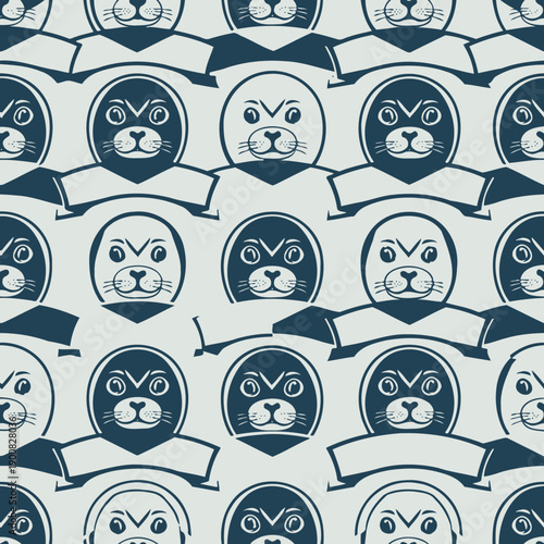 Seamless Pattern of Cute Cartoon Seals and Sea Lions in Blue and White Tones. EPS Editable