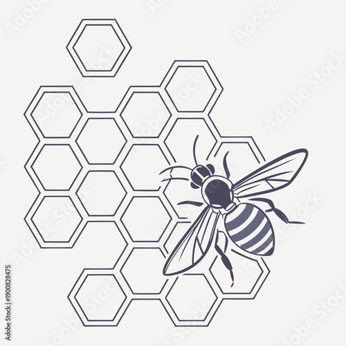 A detailed illustration of a bee flying near a honeycomb structure.