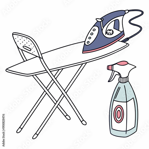 Ironing board with a steam iron and a bottle of spray starch on the side