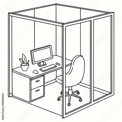 A minimalist office cubicle with a computer, chair, and desk accessories.