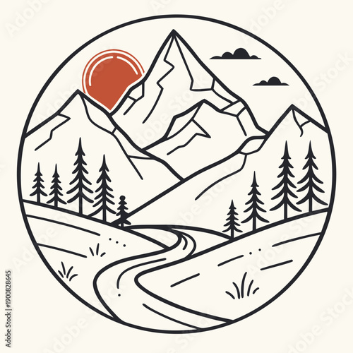 A serene mountain landscape with a winding river and a vibrant sunset