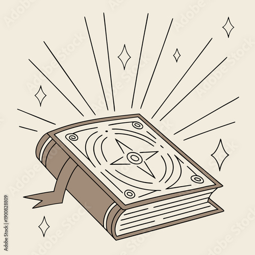 An open book with a starry background and a glowing compass on its cover.