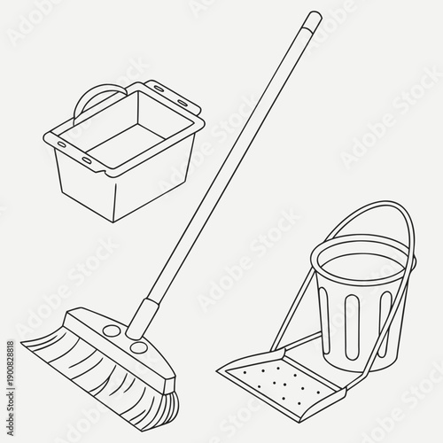 Set of cleaning tools including a broom, dustpan, brush, and bucket
