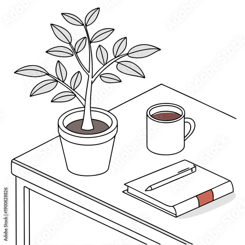 A cozy desk setup with a potted plant, a cup of coffee, and a notebook.