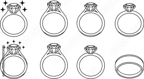 Diamond Engagement Ring Icon Set with Sparkling Wedding Band Symbols for Jewelry Store Branding, Marriage Invitations, Luxury Retail Graphics, and Romantic Celebration Designs