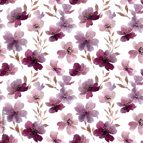 Delicate watercolor seamless pattern with purple and mauve flowers on a white background. The hand-painted