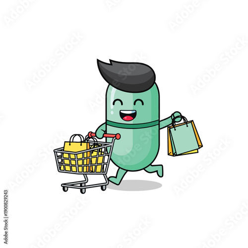 Joyful Cartoon Pill Character Running with Shopping Cart and Bags, Vector Illustration