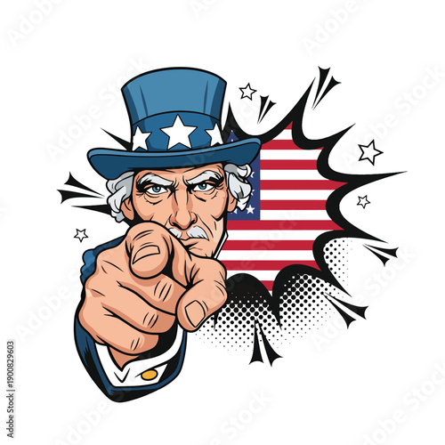 Iconic national figure pointing directly, a vibrant comic-style illustration with patriotic flag elements