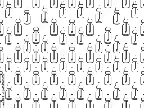 Seamless pattern of handdrawn dropper bottles for essential oils and serums. EPS Editable