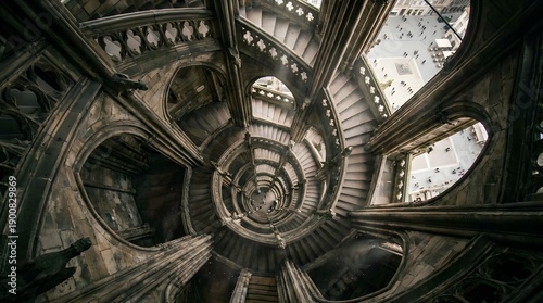 View down a spiral staircase from a high point in a building showing the downward path and people below with clear signs of acrophobia Generative AI