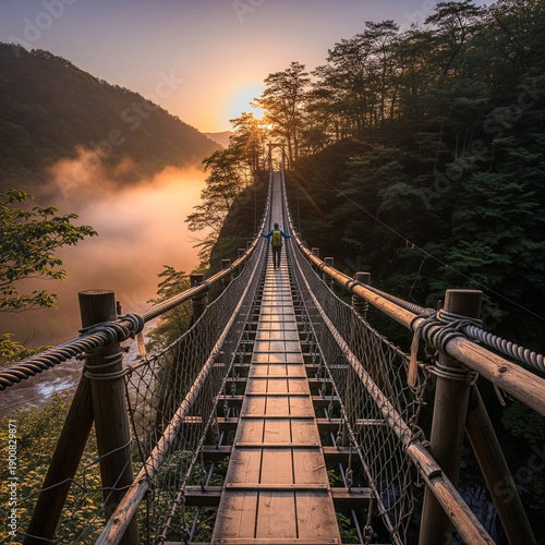 Wooden suspension bridge over a forest river