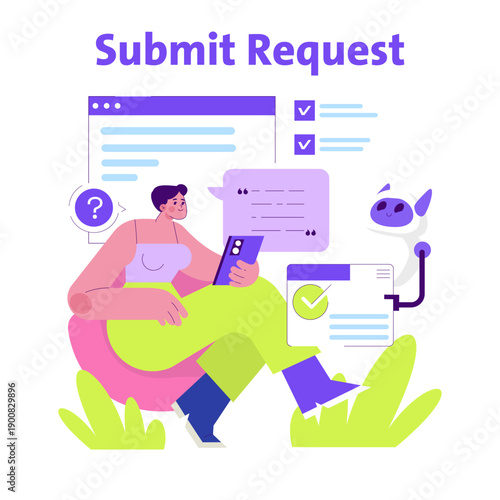 Woman Submits Request via Mobile App Vector Illustration