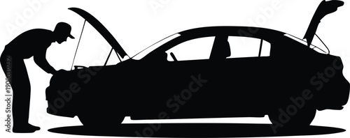 Silhouette of a Mechanic Inspecting a Car Engine, Minimalist Roadside Assistance or Car Repair Vector Silhouette, Stylized Automotive Maintenance Illustration Featuring a Sedan, vector, illustration.