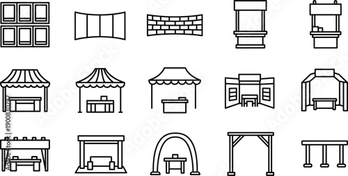 Market stall and storefront outline icon set with kiosks awnings booths arches and retail structures vector illustrations isolated
