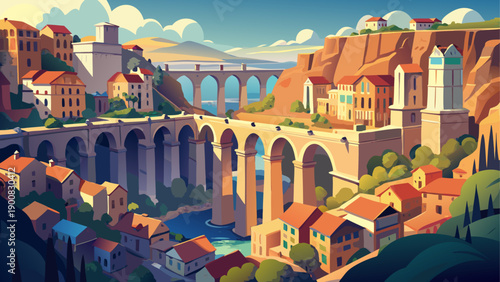 Very beautiful cityscape of Constantine, Algeria, dramatically positioned among deep gorges, showcasing historic bridges, dense urban fabric, and breathtaking natural surroundings.