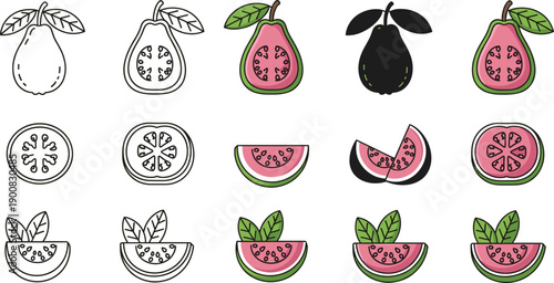 Guava and watermelon fruit illustration set with whole sliced halves and leaves hand drawn vector icons isolated