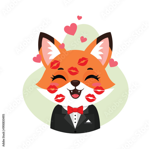 Adorable vector illustration of a happy fox character in a tuxedo covered in lipstick kisses.