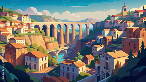 Very beautiful cityscape of Constantine, Algeria, dramatically positioned among deep gorges, showcasing historic bridges, dense urban fabric, and breathtaking natural surroundings.