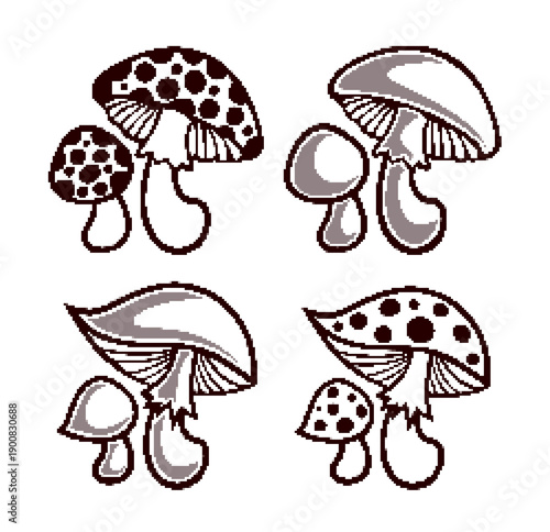 Set pixel symbols of forest mushrooms.