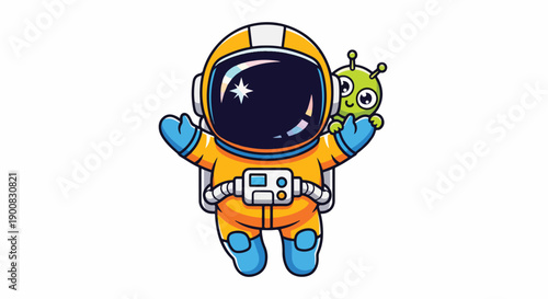 Cute cartoon astronaut with an alien friend floating in space illustration design