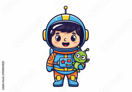 Cute cartoon astronaut with alien friend smiling and looking forward with a happy expression