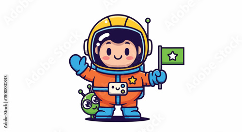 Cute cartoon astronaut with alien friend holding a flag with a star in outer space