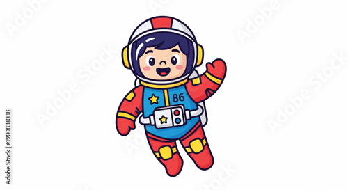 Cute cartoon astronaut waving with a big smile while floating in the vastness of space