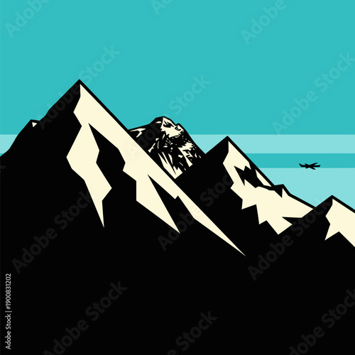 Majestic Mountain Peaks with Airplane Flying in Clear Blue Sky