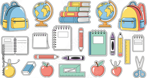 School supplies and education icon set with backpacks books globes notebooks pencils apples and scissors vector illustrations isolated