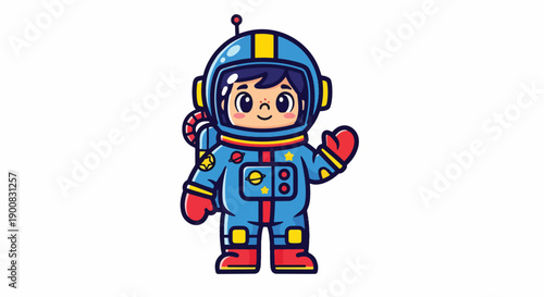Cute cartoon astronaut waving and smiling in a blue and red space suit against white background