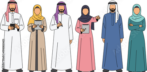 Modern Arab Business People and Professional Character Set in Traditional Middle Eastern Clothing Using Tablets and Smartphones for Corporate Diversity, 