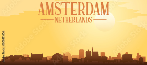 Golden yellow panoramic poster of the city skyline with misty background buildings and clouds of AMSTERDAM, NETHERLANDS