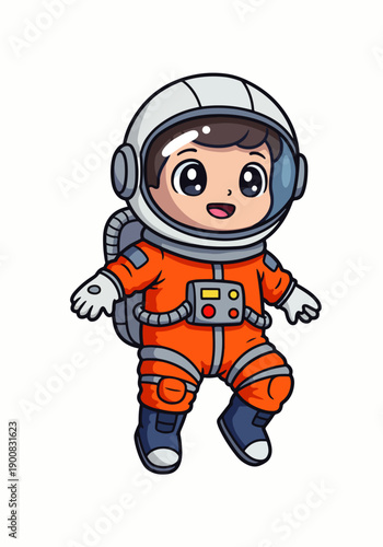 Cute cartoon astronaut in orange spacesuit floating in zero gravity with a smile