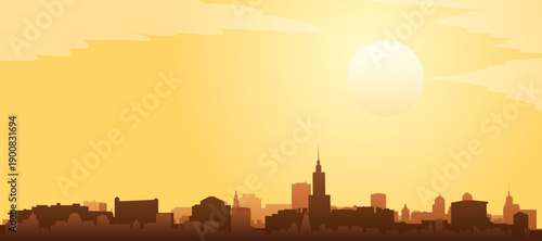 Golden yellow panoramic poster of the city skyline with misty background buildings and clouds of WARSAW, POLAND