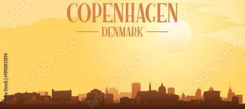 Golden yellow panoramic poster of the city skyline with misty background buildings and clouds of COPENHAGEN, DENMARK