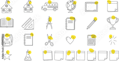 Education and school icon set with notebook bus globe ruler calculator trophy and stationery outline vector illustrations isolated