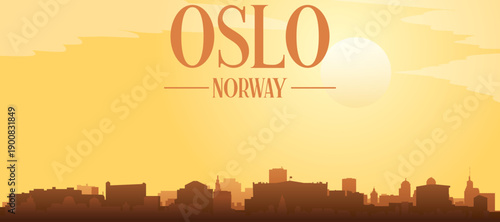 Golden yellow panoramic poster of the city skyline with misty background buildings and clouds of OSLO, NORWAY