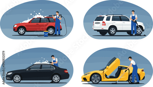 Professional Car Wash and Auto Detailing Service Vector Set Featuring Workers Cleaning SUVs, Sedans, and Sports Cars with Pressure Washers, Soap Foam, and Vacuum Equipment