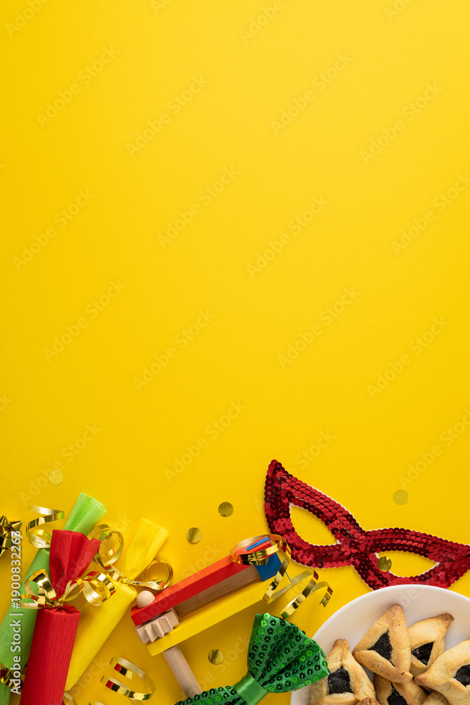 Fototapeta premium Vibrant vertical Purim scene with a bright yellow backdrop, colorful props, mask, hats, ribbons, and confetti. Festive mood, playful masquerade, joyful greeting, celebratory decor, lively celebration