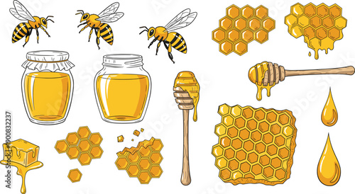 Honey and bee illustration set with jars honeycomb dipper dripping drops and sweet natural food vector isolated