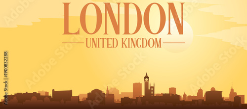 Golden yellow panoramic poster of the city skyline with misty background buildings and clouds of LONDON, UNITED KINGDOM