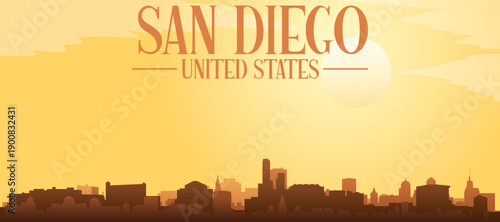 Golden yellow panoramic poster of the city skyline with misty background buildings and clouds of SAN DIEGO, UNITED STATES