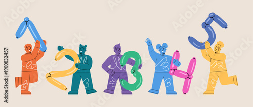 Happy boy and girl holding balloon numbers. Colorful vector illustration