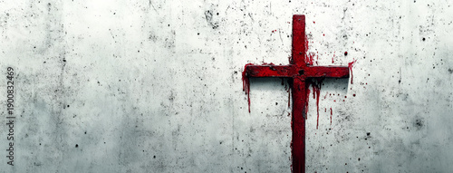 Christian cross made with rusty nails, drops of blood on grey background,