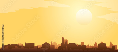 Golden yellow panoramic poster of the city skyline with misty background buildings and clouds of SAN DIEGO, UNITED STATES