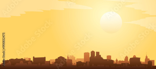 Golden yellow panoramic poster of the city skyline with misty background buildings and clouds of DENVER, UNITED STATES