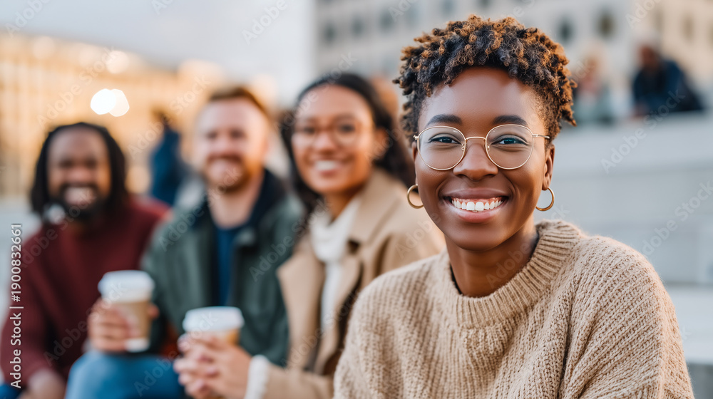 Obraz premium Young woman wearing glasses smiling outdoors, diverse group celebrating behind. Friends holding coffee cups, teamwork success, casual social gathering, multicultural community, happy lifestyle.