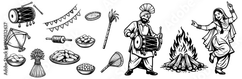 Lohri Festival Line Art Vector Set with Punjabi Dhol Player, Dancer, Bonfire and Traditional Food