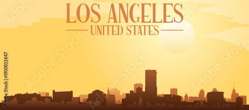 Golden yellow panoramic poster of the city skyline with misty background buildings and clouds of LOS ANGELES, UNITED STATES